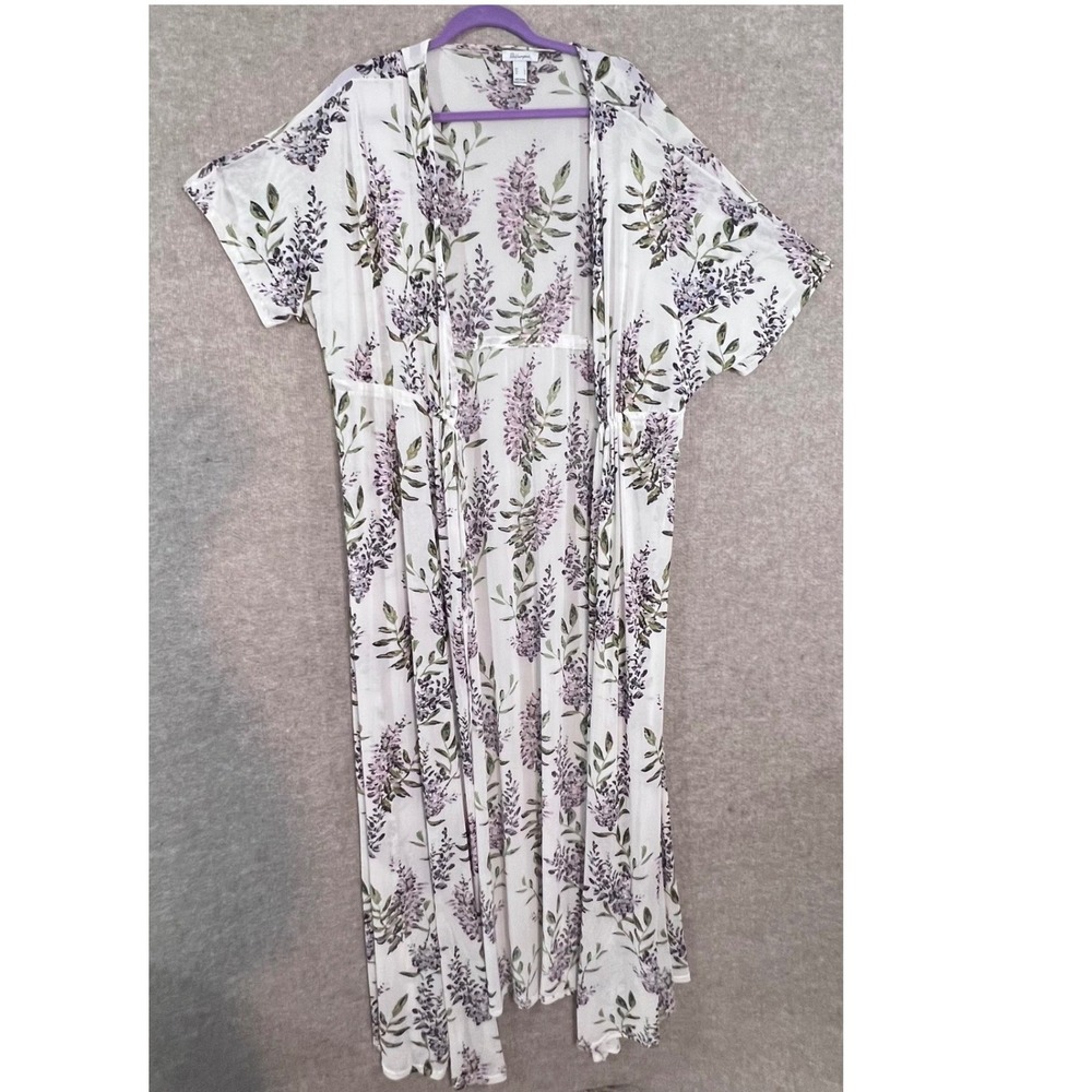 ReVamped Floral Mesh Kimono Cardigan Large White Purple Sheer Boho Romantic